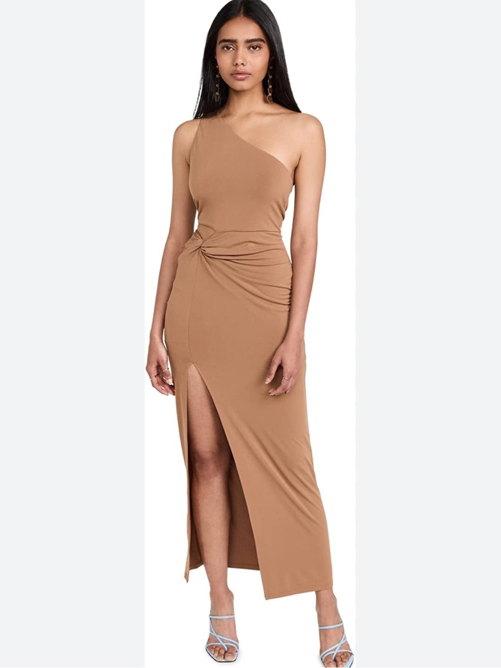 NEW ALICE + OLIVIA ashby front twist hip cutout midi dress in camel tan